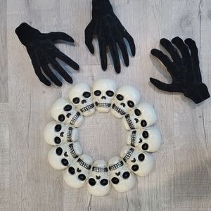 Skull wreath and 3 foam felted hands halloween decor.